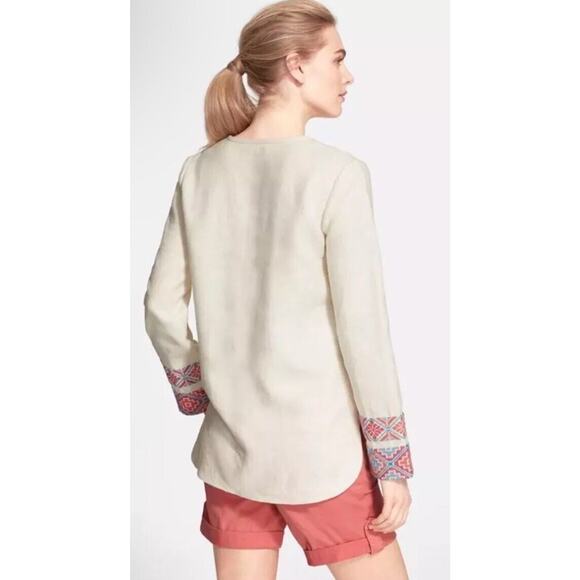 Tory Burch McKenna Tunic Top Ivory Linen $350 – Size 10 Embroidered V Neck - Picture 2 of 13